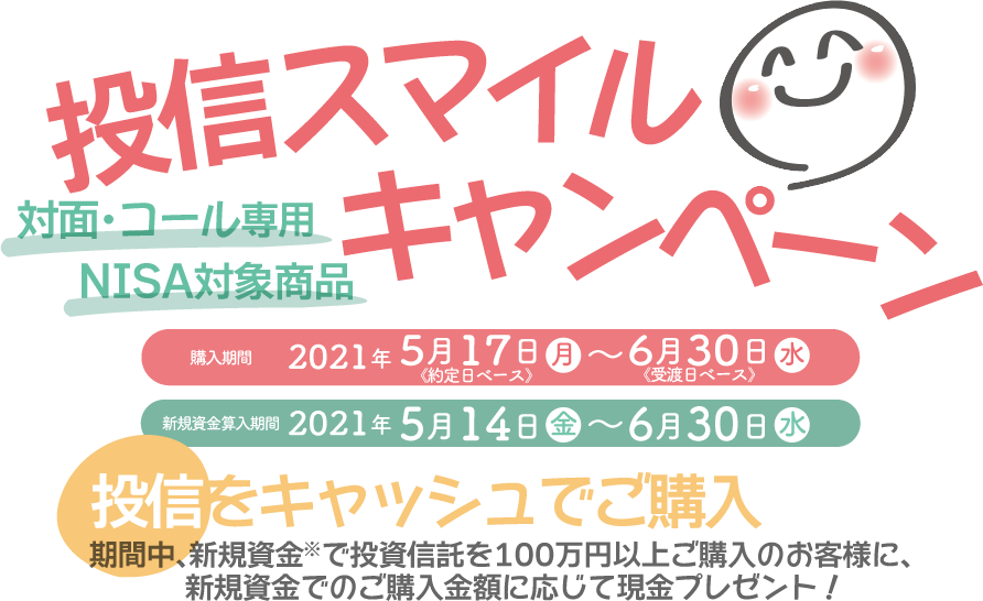 投信スマイルキャンペーン対面・コールのお客様専用現金プレゼント!購入期間:2021年5月17日(月)※約定日ベース~6月30日(水)※受渡日ベース新規資金算入期間:2021年5月14日(金)~6月30日(水)投信をキャッシュでご購入期間中、新規資金※で投資信託を100万円以上ご購入のお客様に、<br>新規資金でのご購入金額に応じて現金プレゼント!