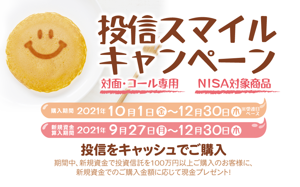 投信スマイルキャンペーン対面・コールのお客様専用現金プレゼント！購入期間：2021年10月1日(金)～12月30日(木)※受渡日ベース新規資金算入期間：2021年9月27日(月)～12月30日(木)投信をキャッシュでご購入期間中、新規資金※で投資信託を100万円以上ご購入のお客様に、<br>新規資金でのご購入金額に応じて現金プレゼント！
