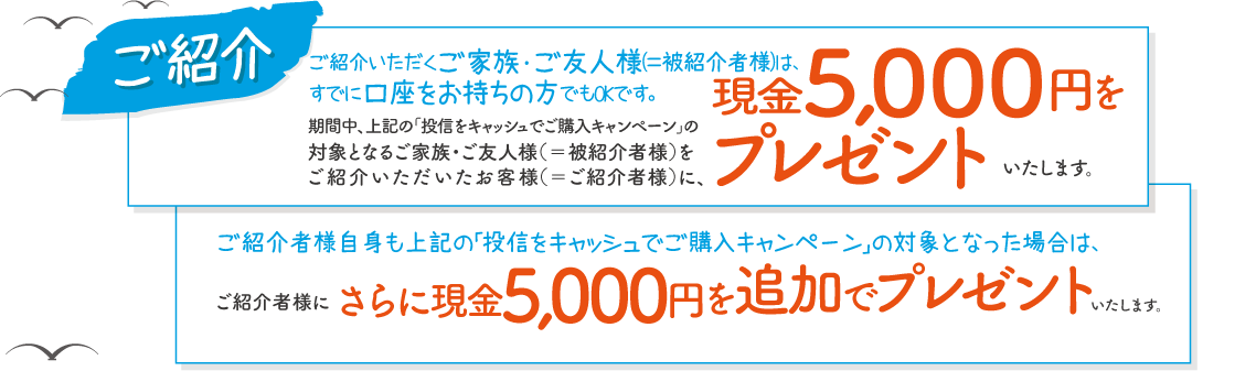 ご紹介いただくご家族・ご友人様(＝被紹介者様)は、すでに口座をお持ちの方でもOKです。期間中、上記の「投信をキャッシュでご購入キャンペーン」の対象となるご家族・ご友人様(＝被紹介者様)をご紹介いただいたお客様(＝ご紹介者様)に、現金5,000円をプレゼントいたします。ご紹介者様自身も上記の「投信をキャッシュでご購入キャンペーン」の対象となった場合は、さらにご紹介者に現金5,000円を追加でプレゼントいたします。