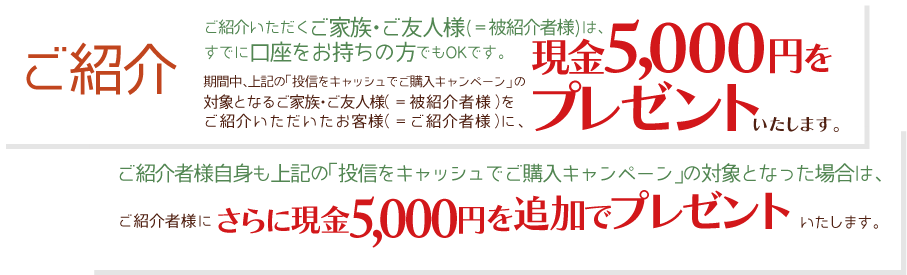 ご紹介いただくご家族・ご友人様(＝被紹介者様)は、すでに口座をお持ちの方でもOKです。期間中、上記の「投信をキャッシュでご購入キャンペーン」の対象となるご家族・ご友人様(＝被紹介者様)をご紹介いただいたお客様(＝ご紹介者様)に、現金5,000円をプレゼントいたします。ご紹介者様自身も上記の「投信をキャッシュでご購入キャンペーン」の対象となった場合は、さらにご紹介者に現金5,000円を追加でプレゼントいたします。