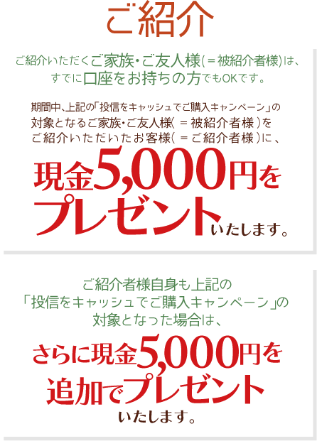 ご紹介いただくご家族・ご友人様(＝被紹介者様)は、すでに口座をお持ちの方でもOKです。期間中、上記の「投信をキャッシュでご購入キャンペーン」の対象となるご家族・ご友人様(＝被紹介者様)をご紹介いただいたお客様(＝ご紹介者様)に、現金5,000円をプレゼントいたします。ご紹介者様自身も上記の「投信をキャッシュでご購入キャンペーン」の対象となった場合は、さらにご紹介者に現金5,000円を追加でプレゼントいたします。