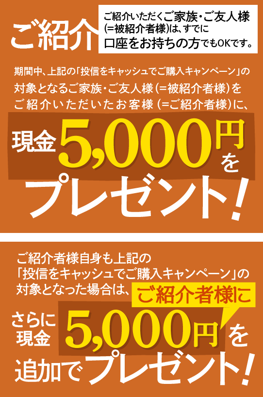 ご紹介いただくご家族・ご友人様(＝被紹介者様)は、すでに口座をお持ちの方でもOKです。期間中、上記の「投信をキャッシュでご購入キャンペーン」の対象となるご家族・ご友人様(＝被紹介者様)をご紹介いただいたお客様(＝ご紹介者様)に、現金5,000円をプレゼントいたします。ご紹介者様自身も上記の「投信をキャッシュでご購入キャンペーン」の対象となった場合は、さらにご紹介者に現金5,000円を追加でプレゼントいたします。