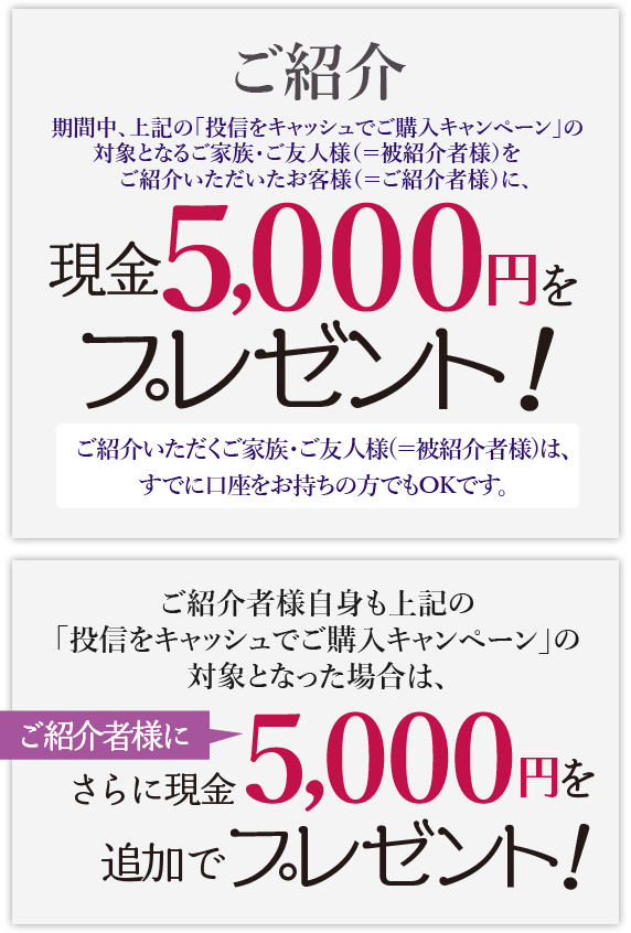 ご紹介いただくご家族・ご友人様(＝被紹介者様)は、すでに口座をお持ちの方でもOKです。期間中、上記の「投信をキャッシュでご購入キャンペーン」の対象となるご家族・ご友人様(＝被紹介者様)をご紹介いただいたお客様(＝ご紹介者様)に、現金5,000円をプレゼントいたします。ご紹介者様自身も上記の「投信をキャッシュでご購入キャンペーン」の対象となった場合は、さらにご紹介者に現金5,000円を追加でプレゼントいたします。