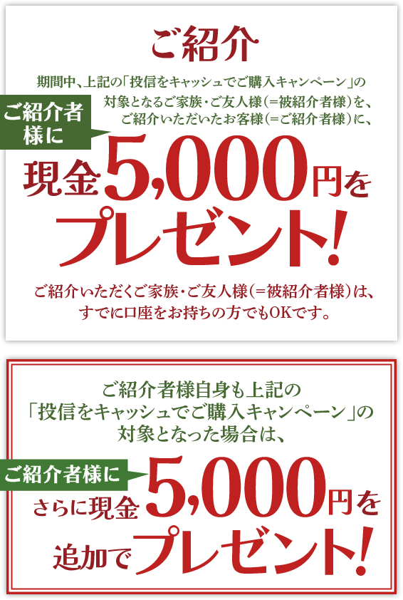 ご紹介いただくご家族・ご友人様(＝被紹介者様)は、すでに口座をお持ちの方でもOKです。期間中、上記の「投信をキャッシュでご購入キャンペーン」の対象となるご家族・ご友人様(＝被紹介者様)をご紹介いただいたお客様(＝ご紹介者様)に、現金5,000円をプレゼントいたします。ご紹介者様自身も上記の「投信をキャッシュでご購入キャンペーン」の対象となった場合は、さらにご紹介者に現金5,000円を追加でプレゼントいたします。