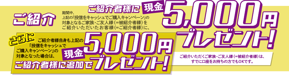 ご紹介いただくご家族・ご友人様(＝被紹介者様)は、すでに口座をお持ちの方でもOKです。期間中、上記の「投信をキャッシュでご購入キャンペーン」の対象となるご家族・ご友人様(＝被紹介者様)をご紹介いただいたお客様(＝ご紹介者様)に、現金5,000円をプレゼントいたします。ご紹介者様自身も上記の「投信をキャッシュでご購入キャンペーン」の対象となった場合は、さらにご紹介者様に現金5,000円を追加でプレゼントいたします。
