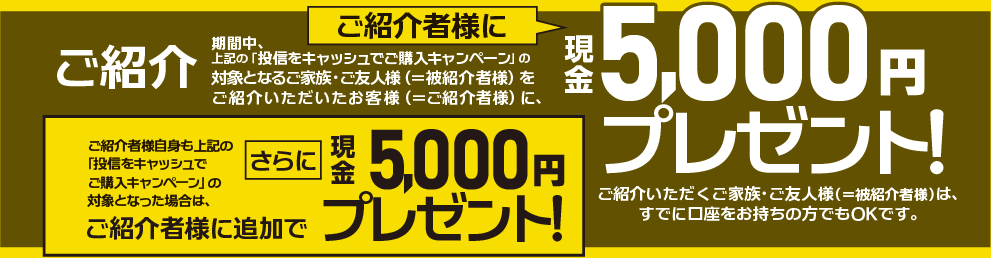 ご紹介いただくご家族・ご友人様(=被紹介者様)は、すでに口座をお持ちの方でもOKです。期間中、上記の「投信をキャッシュでご購入キャンペーン」の対象となるご家族・ご友人様(=被紹介者様)をご紹介いただいたお客様(=ご紹介者様)に、現金5,000円をプレゼントいたします。ご紹介者様自身も上記の「投信をキャッシュでご購入キャンペーン」の対象となった場合は、さらにご紹介者様に現金5,000円を追加でプレゼントいたします。
