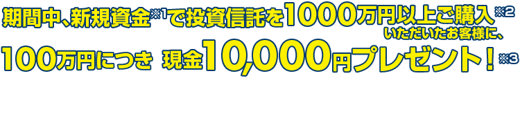 期間中、新規資金※1で投資信託を1000万円以上ご購入いただいたお客様に、100万円につき現金10,000円プレゼント！※1新規資金の算出定義・期間等については、下記のご留意事項をご参照ください。※2期間中に投資信託のご売却があった場合は、その金額をご購入金額から差引かせていただきます。※3上限プレゼント額：50万円