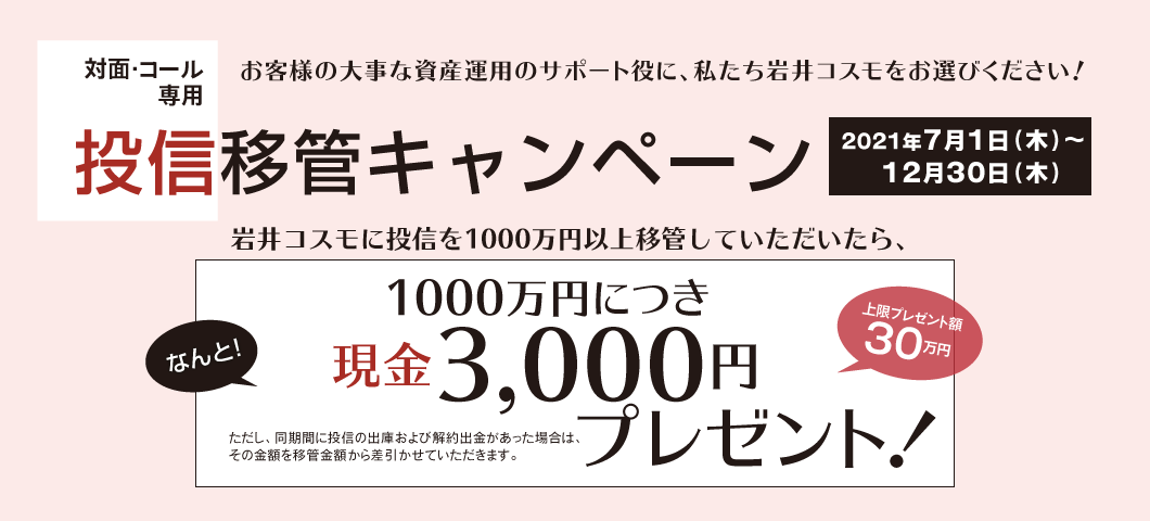 投信移管キャンペーン対面・コールのお客様専用お客様の大事な資産運用のサポート役に、私たち岩井コスモをお選びください！期間：2021年7月1日(木)～12月30日(木)期間中、岩井コスモに投信を1000万円以上移管していただいたら、1000万円につき現金3,000円プレゼント！上限プレゼント額30万円ただし、同期間に投信の出庫および解約出金があった場合は、その金額を移管金額から差引かせていただきます。