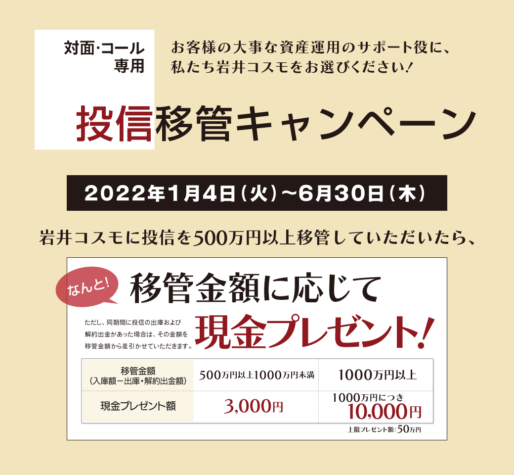 投信移管キャンペーン対面・コールのお客様専用お客様の大事な資産運用のサポート役に、私たち岩井コスモをお選びください！期間：2022年1月4日(火)～6月30日(木)期間中、岩井コスモに投信を500万円以上移管していただいたら、移管金額に応じて現金プレゼント！上限プレゼント額50万円ただし、同期間に投信の出庫および解約出金があった場合は、その金額を移管金額から差引かせていただきます。
