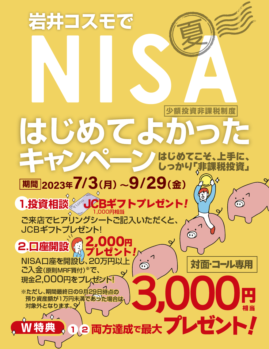 対面・コール専用NISA少額投資非課税制度岩井コスモでNISAはじめてよかったキャンペーンはじめてこそ、上手に、しっかり「非課税投資」2023年7月3日(月)～9月29日(金)1.投資相談期間中、当社店舗にNISAの投資相談を目的にご来店いただき、ヒアリングシートの質問にお答えいただくと、JCBギフト(1,000円相当)プレゼント！2.口座開設期間中、一般NISA口座を新規開設し、20万円以上ご入金(原則MRF買付)※いただいたお客様に、現金2,000円をプレゼント！※ただし、期間最終日の9月29日時点の預り資産額が1万円未満であった場合は対象外となります。