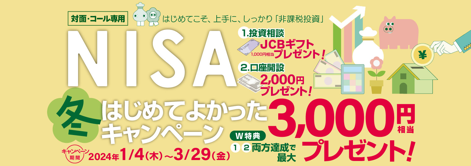 対面・コール専用NISA少額投資非課税制度岩井コスモでNISAはじめてよかったキャンペーンはじめてこそ、上手に、しっかり「非課税投資」2024年1月4日(木)～3月29日(金)1.投資相談期間中、当社店舗にNISAの投資相談を目的にご来店いただき、ヒアリングシートの質問にお答えいただくと、JCBギフト(1,000円相当)プレゼント！2.口座開設期間中、NISA口座を新規開設し、NISA口座で※対象商品を10万円以上ご購入いただいたお客様に、現金2,000円をプレゼント！※つみたて投資枠、成長投資枠いずれも可