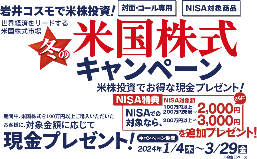 岩井コスモ証券[対面・コール専用]冬の米国株式キャンペーン米国株式を対象金額(購入額－売却額)100万円以上ご購入いただくと対象金額に応じて現金プレゼント！キャンペーン期間2024年1月4日(木)～3月29日(金)