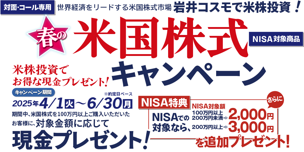 岩井コスモ証券[対面・コール専用]春の米国株式キャンペーン米国株式を対象金額(購入額－売却額)100万円以上ご購入いただくと対象金額に応じて現金プレゼント！キャンペーン期間2025年4月1日(火)～6月30日(月)