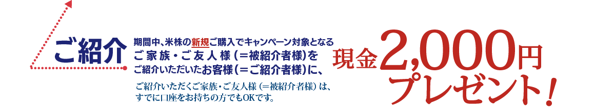 ご紹介いただくご家族・ご友人様(=被紹介者様)は、すでに口座をお持ちの方でもOKです。期間中、米株の新規ご購入でキャンペーン対象となるご家族・ご友人様(=被紹介者様)をご紹介いただいたお客様(=ご紹介者様)に、現金2,000円をプレゼント!