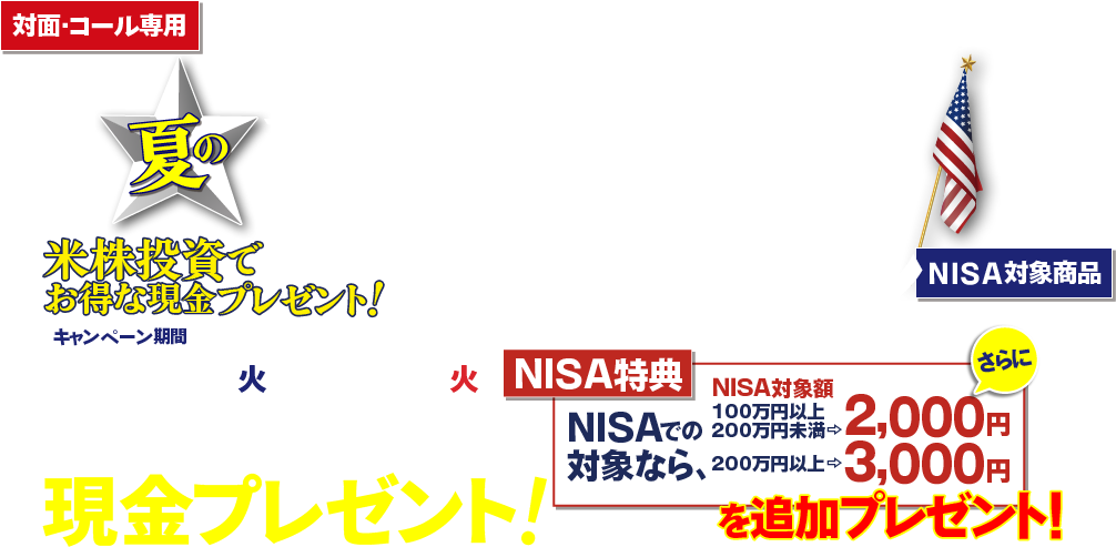 岩井コスモ証券[対面・コール専用]夏の米国株式キャンペーン米国株式を対象金額(購入額－売却額)100万円以上ご購入いただくと対象金額に応じて現金プレゼント！キャンペーン期間2025年7月1日(火)～9月30日(火)