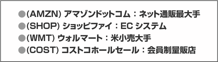 ●(AMZN)アマゾンドットコム:ネット通販最大手●(WMT)ウォルマート:米小売大手●(SHOP)ショッピファイ:ECシステム●(COST)コストコホールセール:会員制量販店